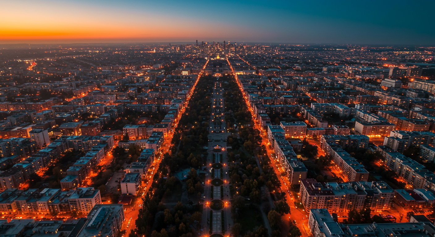 Aerial view of city at sunset